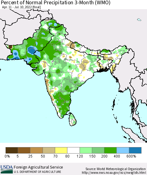Southern Asia Percent of Normal Precipitation 3-Month (WMO) Thematic Map For 4/11/2022 - 7/10/2022