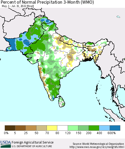 Southern Asia Percent of Normal Precipitation 3-Month (WMO) Thematic Map For 5/1/2022 - 7/31/2022