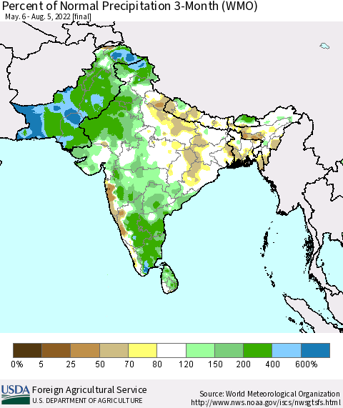 Southern Asia Percent of Normal Precipitation 3-Month (WMO) Thematic Map For 5/6/2022 - 8/5/2022