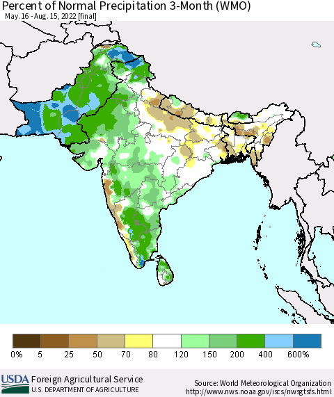 Southern Asia Percent of Normal Precipitation 3-Month (WMO) Thematic Map For 5/16/2022 - 8/15/2022
