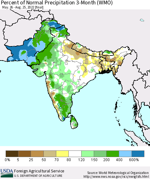 Southern Asia Percent of Normal Precipitation 3-Month (WMO) Thematic Map For 5/26/2022 - 8/25/2022