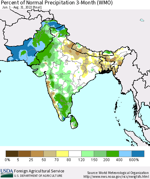 Southern Asia Percent of Normal Precipitation 3-Month (WMO) Thematic Map For 6/1/2022 - 8/31/2022