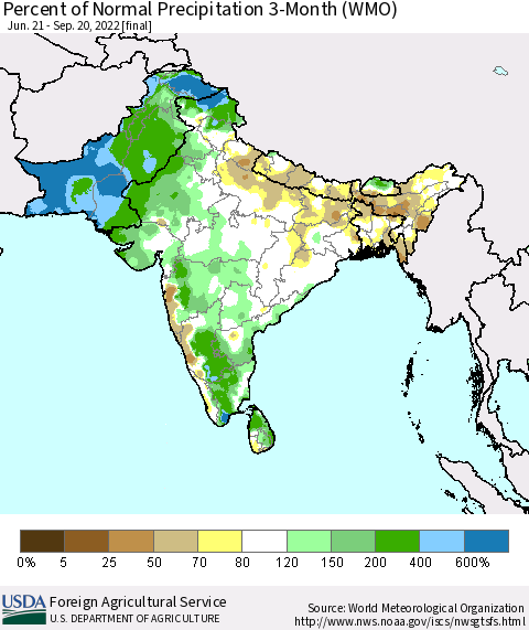 Southern Asia Percent of Normal Precipitation 3-Month (WMO) Thematic Map For 6/21/2022 - 9/20/2022
