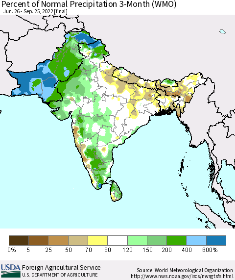 Southern Asia Percent of Normal Precipitation 3-Month (WMO) Thematic Map For 6/26/2022 - 9/25/2022