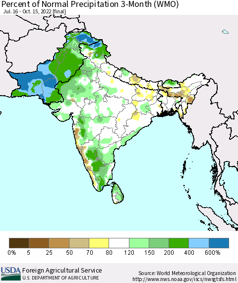 Southern Asia Percent of Normal Precipitation 3-Month (WMO) Thematic Map For 7/16/2022 - 10/15/2022