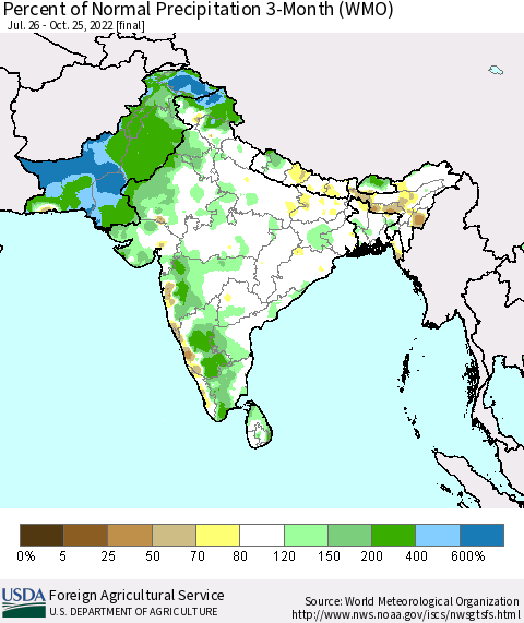 Southern Asia Percent of Normal Precipitation 3-Month (WMO) Thematic Map For 7/26/2022 - 10/25/2022