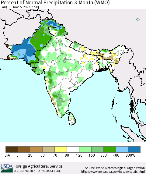 Southern Asia Percent of Normal Precipitation 3-Month (WMO) Thematic Map For 8/6/2022 - 11/5/2022
