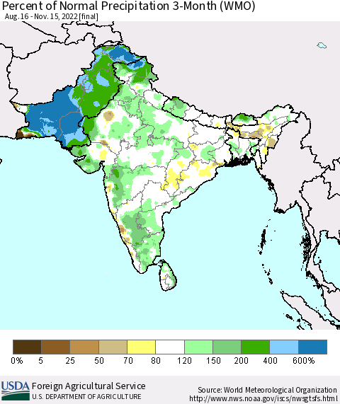Southern Asia Percent of Normal Precipitation 3-Month (WMO) Thematic Map For 8/16/2022 - 11/15/2022