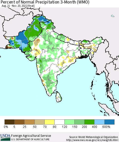 Southern Asia Percent of Normal Precipitation 3-Month (WMO) Thematic Map For 8/21/2022 - 11/20/2022
