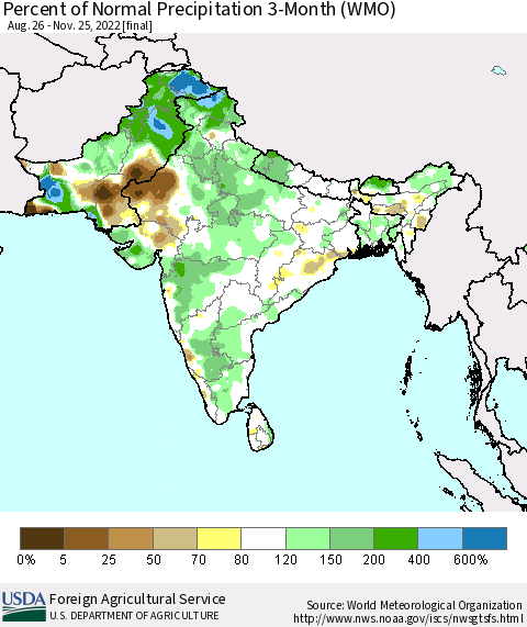 Southern Asia Percent of Normal Precipitation 3-Month (WMO) Thematic Map For 8/26/2022 - 11/25/2022