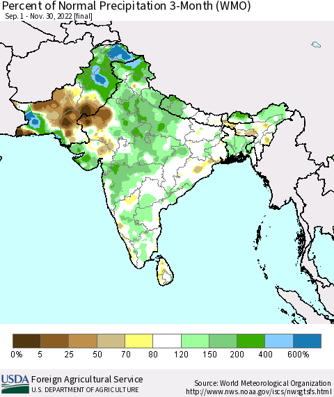 Southern Asia Percent of Normal Precipitation 3-Month (WMO) Thematic Map For 9/1/2022 - 11/30/2022