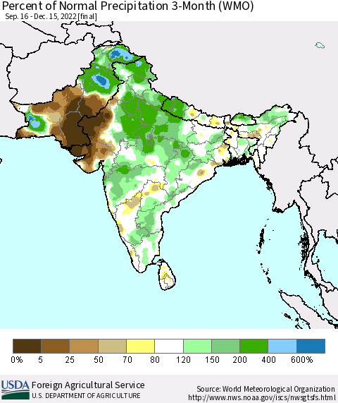 Southern Asia Percent of Normal Precipitation 3-Month (WMO) Thematic Map For 9/16/2022 - 12/15/2022