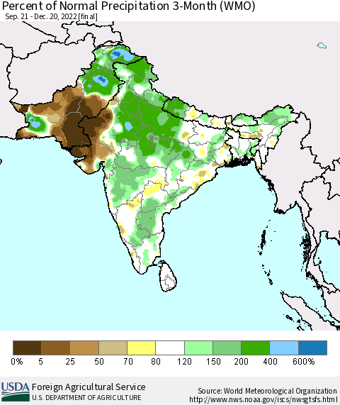 Southern Asia Percent of Normal Precipitation 3-Month (WMO) Thematic Map For 9/21/2022 - 12/20/2022