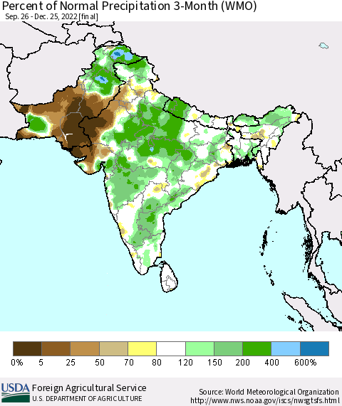 Southern Asia Percent of Normal Precipitation 3-Month (WMO) Thematic Map For 9/26/2022 - 12/25/2022