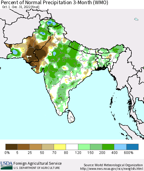 Southern Asia Percent of Normal Precipitation 3-Month (WMO) Thematic Map For 10/1/2022 - 12/31/2022