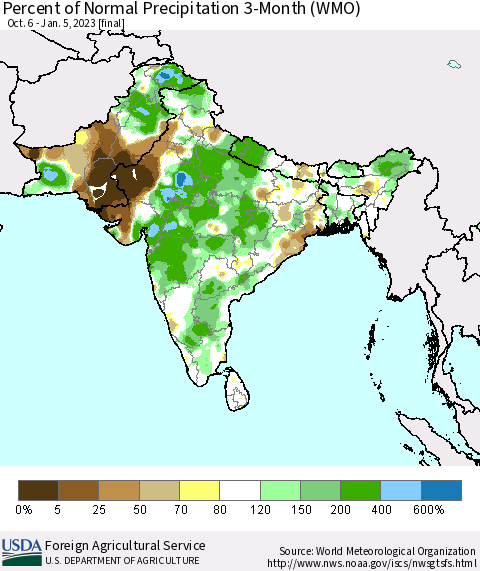 Southern Asia Percent of Normal Precipitation 3-Month (WMO) Thematic Map For 10/6/2022 - 1/5/2023