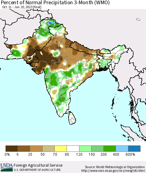 Southern Asia Percent of Normal Precipitation 3-Month (WMO) Thematic Map For 10/11/2022 - 1/10/2023