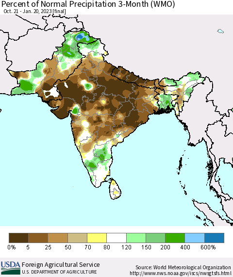 Southern Asia Percent of Normal Precipitation 3-Month (WMO) Thematic Map For 10/21/2022 - 1/20/2023