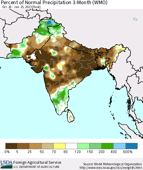 Southern Asia Percent of Normal Precipitation 3-Month (WMO) Thematic Map For 10/26/2022 - 1/25/2023