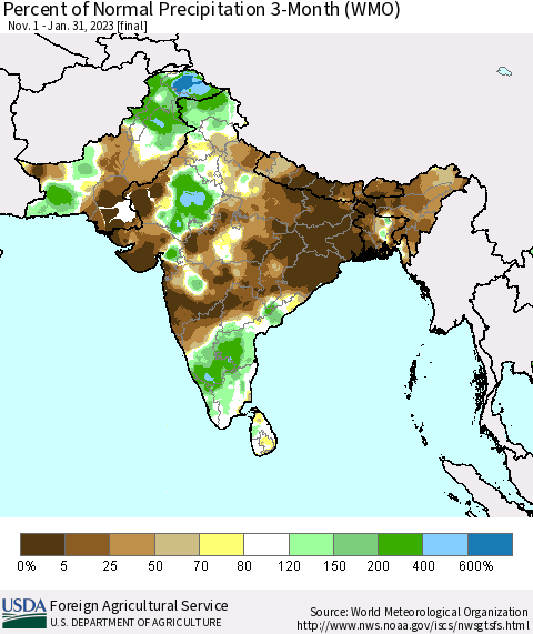 Southern Asia Percent of Normal Precipitation 3-Month (WMO) Thematic Map For 11/1/2022 - 1/31/2023