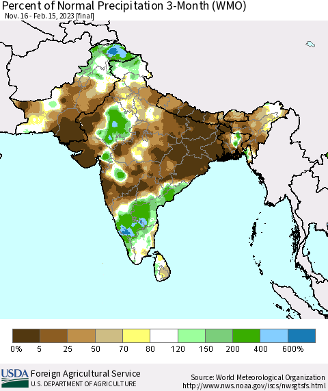 Southern Asia Percent of Normal Precipitation 3-Month (WMO) Thematic Map For 11/16/2022 - 2/15/2023