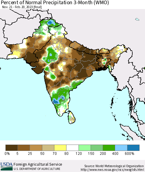 Southern Asia Percent of Normal Precipitation 3-Month (WMO) Thematic Map For 11/21/2022 - 2/20/2023