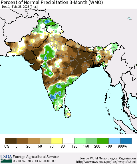 Southern Asia Percent of Normal Precipitation 3-Month (WMO) Thematic Map For 12/1/2022 - 2/28/2023