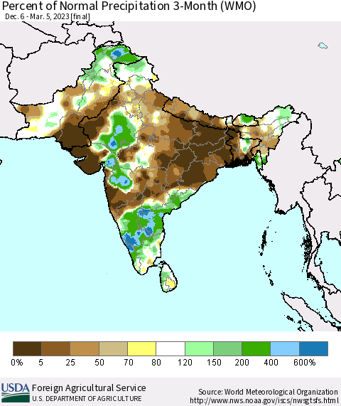 Southern Asia Percent of Normal Precipitation 3-Month (WMO) Thematic Map For 12/6/2022 - 3/5/2023