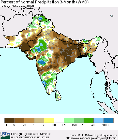 Southern Asia Percent of Normal Precipitation 3-Month (WMO) Thematic Map For 12/11/2022 - 3/10/2023