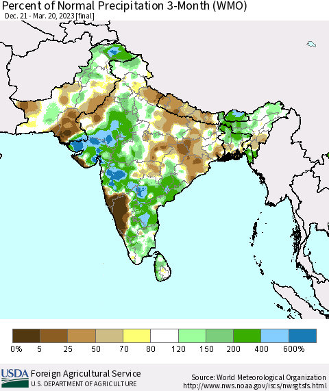 Southern Asia Percent of Normal Precipitation 3-Month (WMO) Thematic Map For 12/21/2022 - 3/20/2023