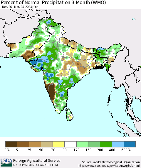 Southern Asia Percent of Normal Precipitation 3-Month (WMO) Thematic Map For 12/26/2022 - 3/25/2023