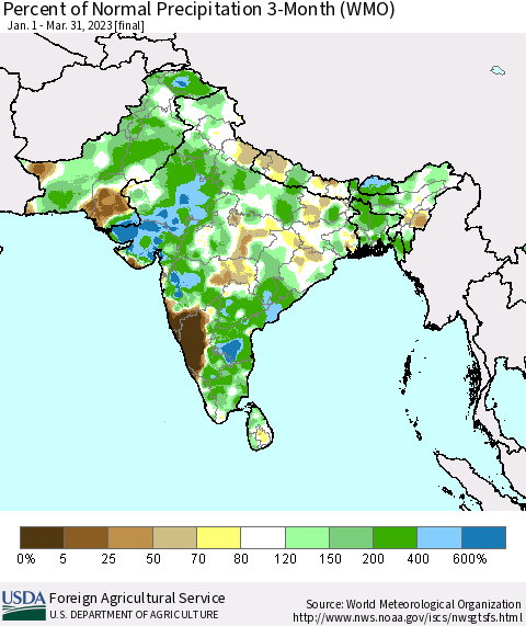 Southern Asia Percent of Normal Precipitation 3-Month (WMO) Thematic Map For 1/1/2023 - 3/31/2023