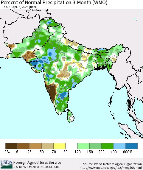 Southern Asia Percent of Normal Precipitation 3-Month (WMO) Thematic Map For 1/6/2023 - 4/5/2023