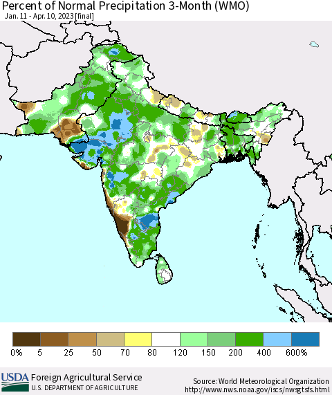 Southern Asia Percent of Normal Precipitation 3-Month (WMO) Thematic Map For 1/11/2023 - 4/10/2023