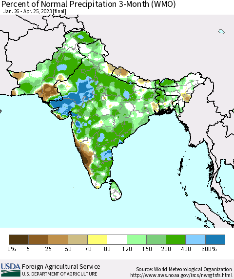 Southern Asia Percent of Normal Precipitation 3-Month (WMO) Thematic Map For 1/26/2023 - 4/25/2023