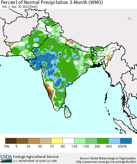 Southern Asia Percent of Normal Precipitation 3-Month (WMO) Thematic Map For 2/1/2023 - 4/30/2023