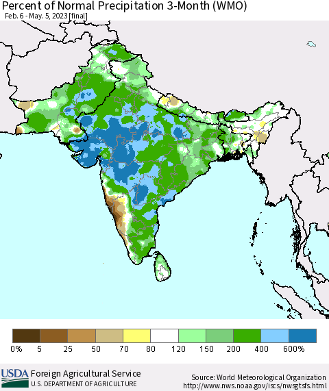 Southern Asia Percent of Normal Precipitation 3-Month (WMO) Thematic Map For 2/6/2023 - 5/5/2023