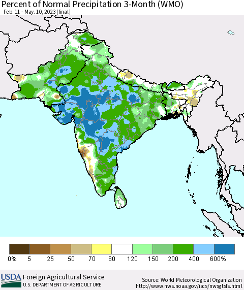 Southern Asia Percent of Normal Precipitation 3-Month (WMO) Thematic Map For 2/11/2023 - 5/10/2023