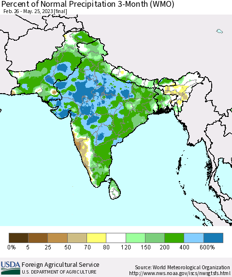 Southern Asia Percent of Normal Precipitation 3-Month (WMO) Thematic Map For 2/26/2023 - 5/25/2023