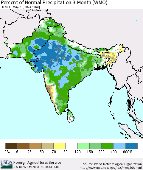 Southern Asia Percent of Normal Precipitation 3-Month (WMO) Thematic Map For 3/1/2023 - 5/31/2023