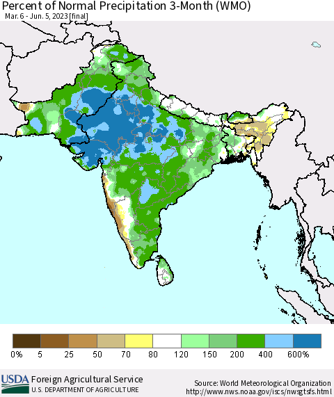Southern Asia Percent of Normal Precipitation 3-Month (WMO) Thematic Map For 3/6/2023 - 6/5/2023