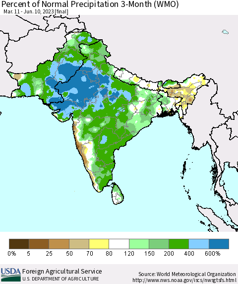 Southern Asia Percent of Normal Precipitation 3-Month (WMO) Thematic Map For 3/11/2023 - 6/10/2023