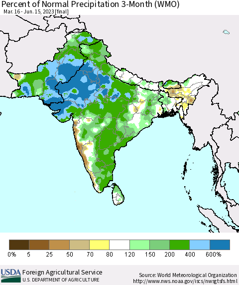Southern Asia Percent of Normal Precipitation 3-Month (WMO) Thematic Map For 3/16/2023 - 6/15/2023