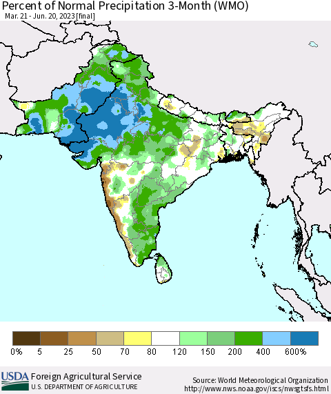 Southern Asia Percent of Normal Precipitation 3-Month (WMO) Thematic Map For 3/21/2023 - 6/20/2023