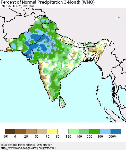 Southern Asia Percent of Normal Precipitation 3-Month (WMO) Thematic Map For 3/26/2023 - 6/25/2023