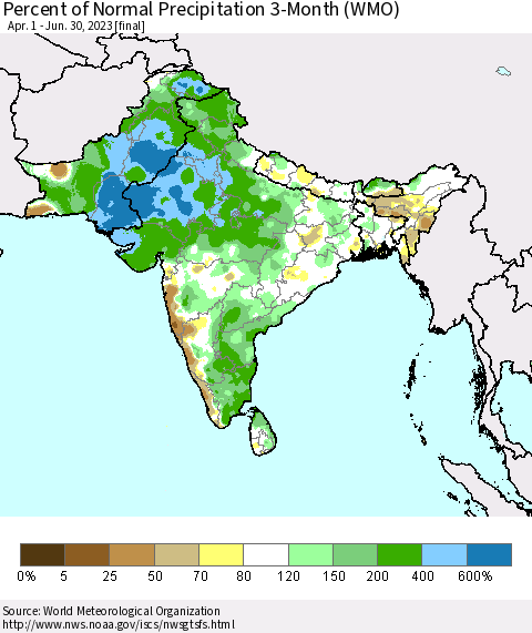 Southern Asia Percent of Normal Precipitation 3-Month (WMO) Thematic Map For 4/1/2023 - 6/30/2023