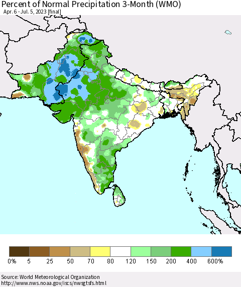 Southern Asia Percent of Normal Precipitation 3-Month (WMO) Thematic Map For 4/6/2023 - 7/5/2023