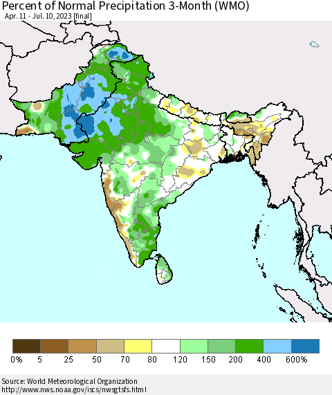 Southern Asia Percent of Normal Precipitation 3-Month (WMO) Thematic Map For 4/11/2023 - 7/10/2023