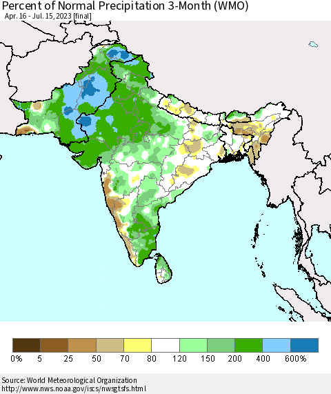 Southern Asia Percent of Normal Precipitation 3-Month (WMO) Thematic Map For 4/16/2023 - 7/15/2023