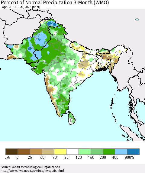Southern Asia Percent of Normal Precipitation 3-Month (WMO) Thematic Map For 4/21/2023 - 7/20/2023